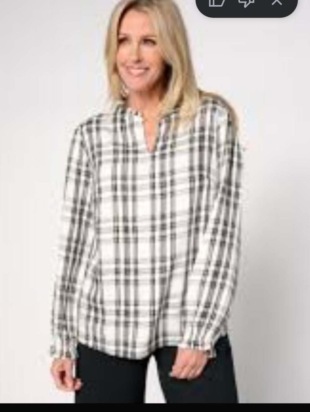 Denim&Co Plaid Print Lurex Top Bias Trim 2X White